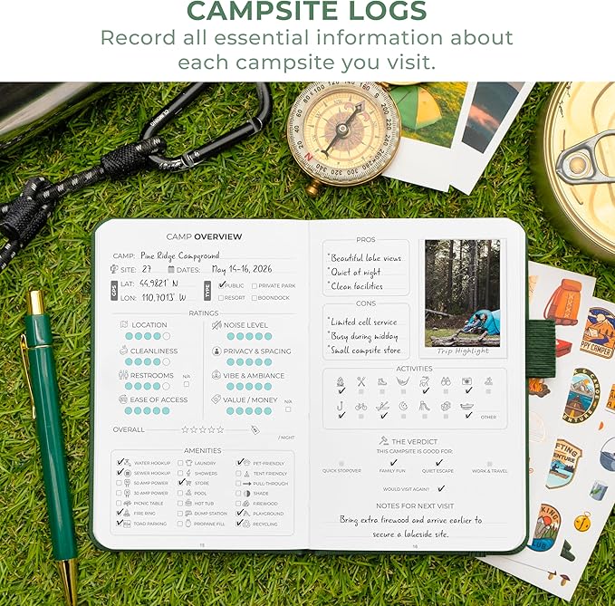 Clever Fox Camping Journal Pocket – Camping Log Book & Outdoor Adventure Journal – RV Travel Log Book – Gifts, Accessories & RV Essentials for Travel Trailers, 14 Trips, 3.7x5.7” (Forest Green)