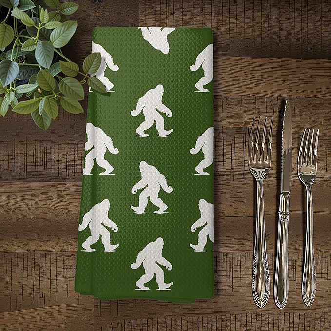 Abstract Retro Sasquatch Kitchen Towels, Sasquatch Gifts Dish Tea Towels for Kitchen Decor, Gifts for Hiking Camping Lovers Hand Towel for Bathroom Decor, 16x24 Inch, (Olive Green and White)