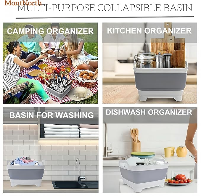 MontNorth Collapsible Wash Basin 9L, Foldable Dish Tub with Drain Plug, Portable Collapsible Dish Basin, Camping Sink for Washing Dishes, Laundry & Kitchen Use,Gray