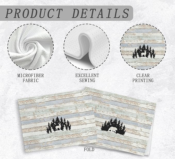 Wild Animal Deer Moose Bear Forest Camping Kitchen Towels and Dishcloths Sets of 2,Campsite Cabin RV Drying Cloth Hand Towels Tea Towels for Bathroom Kitchen,Campers Camping Lovers Gifts,16×24 inches