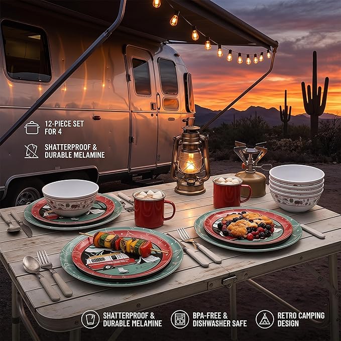 12-Piece Melamine Dinnerware Set,Unbreakable Camping Plates and Bowls Set of 4, Lightweight Outdoor Dishes with Camper Van & Tent Design for RV, Picnic, Backpacking, and Patio,Dishwasher Safe