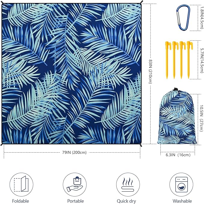 WIWIGO Beach Blanket Waterproof Sandproof Beach Mat 79" X 83"/10'x9'for 2-8 Adults Quick Drying Outdoor Picnic Mat Beach Accessories for Travel, Camping, Hiking