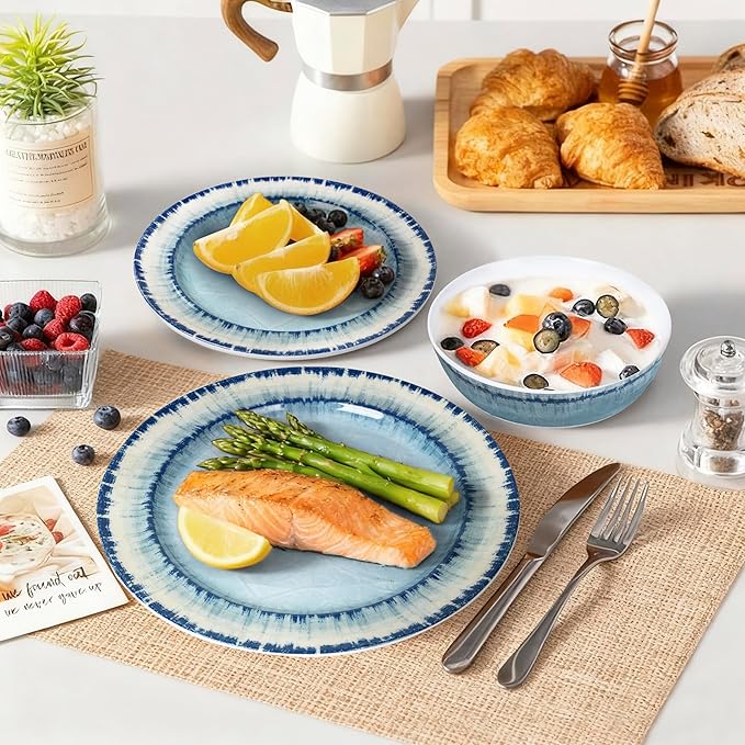 AELS Melamine Dinnerware Set of 18 Pcs Dinner Dishes Set, Lightweight Unbreakable for Indoor and Outdoor Use, BPA Free, Dishwasher Safe, Light Blue