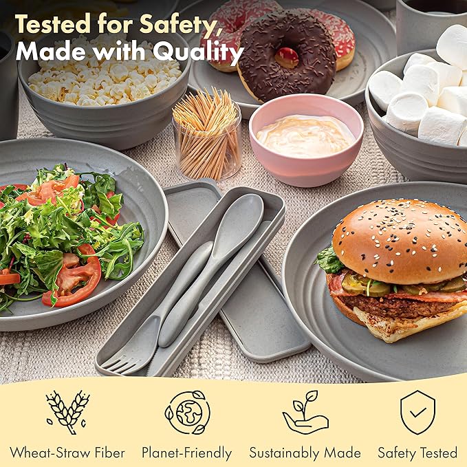 FOODLE Wheat Straw Dinnerware Set - BPA Free & Safety Certified - Unbreakable, Microwave & Dishwasher Safe - Dorm & RV Dishes - Camping Plates Cups and Bowls Set - Great for Kids & Adults - For 6