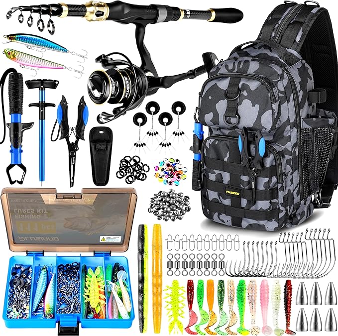 PLUSINNO Fishing Backpack with Fishing Rod &Tackle Boxes, Waterproof Sling Tackle Bag for Fish Gear with Rod Holder, Gifts for Men with Lures, Pliers, Fish Lip Gripper.