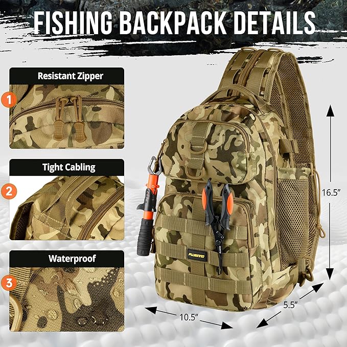 PLUSINNO Fishing Backpack with Floating Fishing Net, Tackle Boxes, Waterproof Sling Tackle Bag For Fish Gear With Rod Holder, Gifts for Men