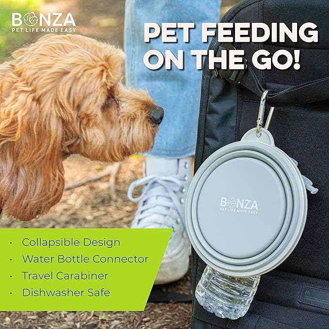 Bonza Collapsible Dog Bowls - X-Large 50 oz, Dog Travel Accessories, Silicone Portable Dogs Bowl & Water Dish with Reinforced Rim & Carabiner for Hiking, Camping, and Car Trips, Light Gray