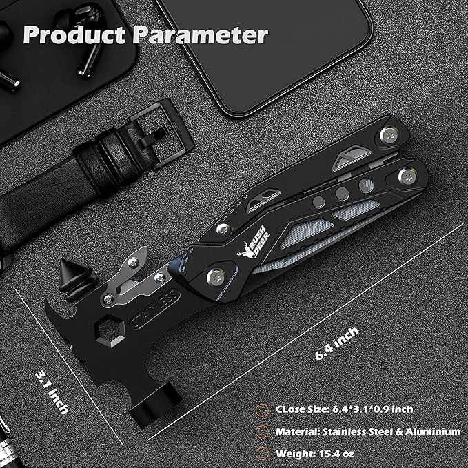 Rush Deer Camping Essentials Multitool,16 in 1 Multi Tool Survival Gear with Hammer, Pliers, Knife, Screwdrivers, Bottle Opener & Car Safety Hammer, for Camping, Hiking, Gift for Dad Him