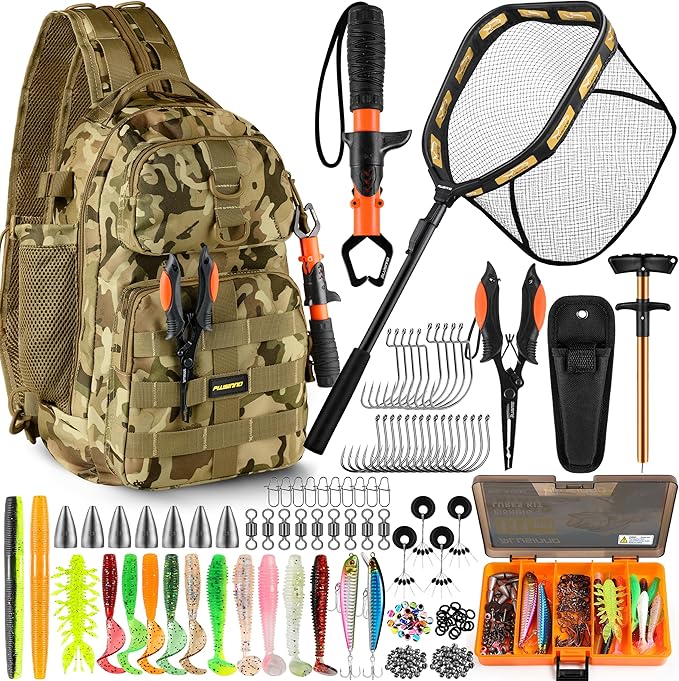 PLUSINNO Fishing Backpack with Floating Fishing Net, Tackle Boxes, Waterproof Sling Tackle Bag For Fish Gear With Rod Holder, Gifts for Men