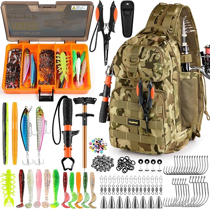 PLUSINNO Fishing Backpack with Tackle Boxes, Waterproof Fishing Sling Tackle Bag For Fishing Gear With Rod Holder, Fishing Gifts for Men With Fishing lures, Fishing pliers.