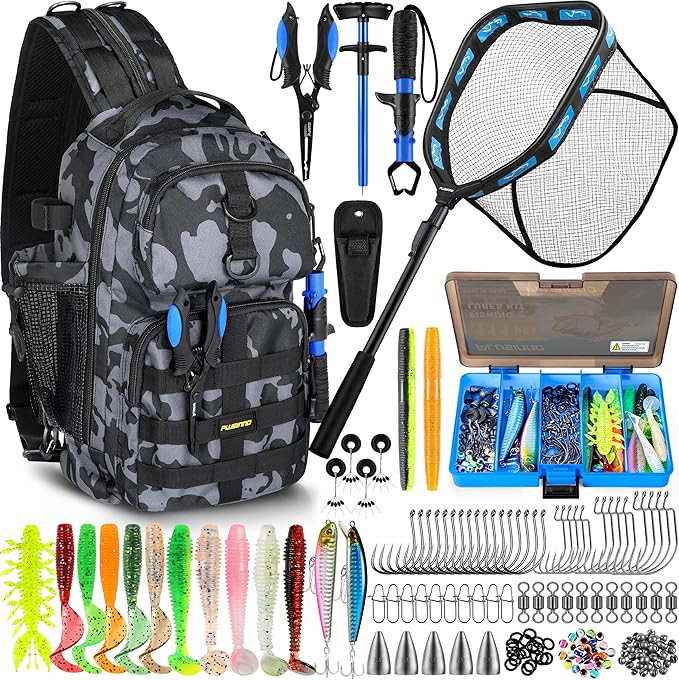 PLUSINNO Fishing Backpack with Floating Fishing Net, Tackle Boxes, Waterproof Sling Tackle Bag For Fish Gear With Rod Holder, Gifts for Men