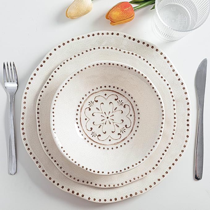 LEHAHA Beaded Crackle 12 Piece Melamine Camping Dinnerware Set, Plates and Bowls Sets, Indoor and Outdoor Use, Break-Resistant Rustic RV Dishes Set, Service for 4(Ivory)…