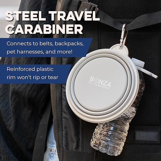 Bonza Collapsible Dog Bowls - Medium 25 oz, Dog Travel Accessories, Silicone Portable Dogs Bowl & Water Dish with Reinforced Rim & Carabiner for Hiking, Camping, and Car Trips, Light Gray